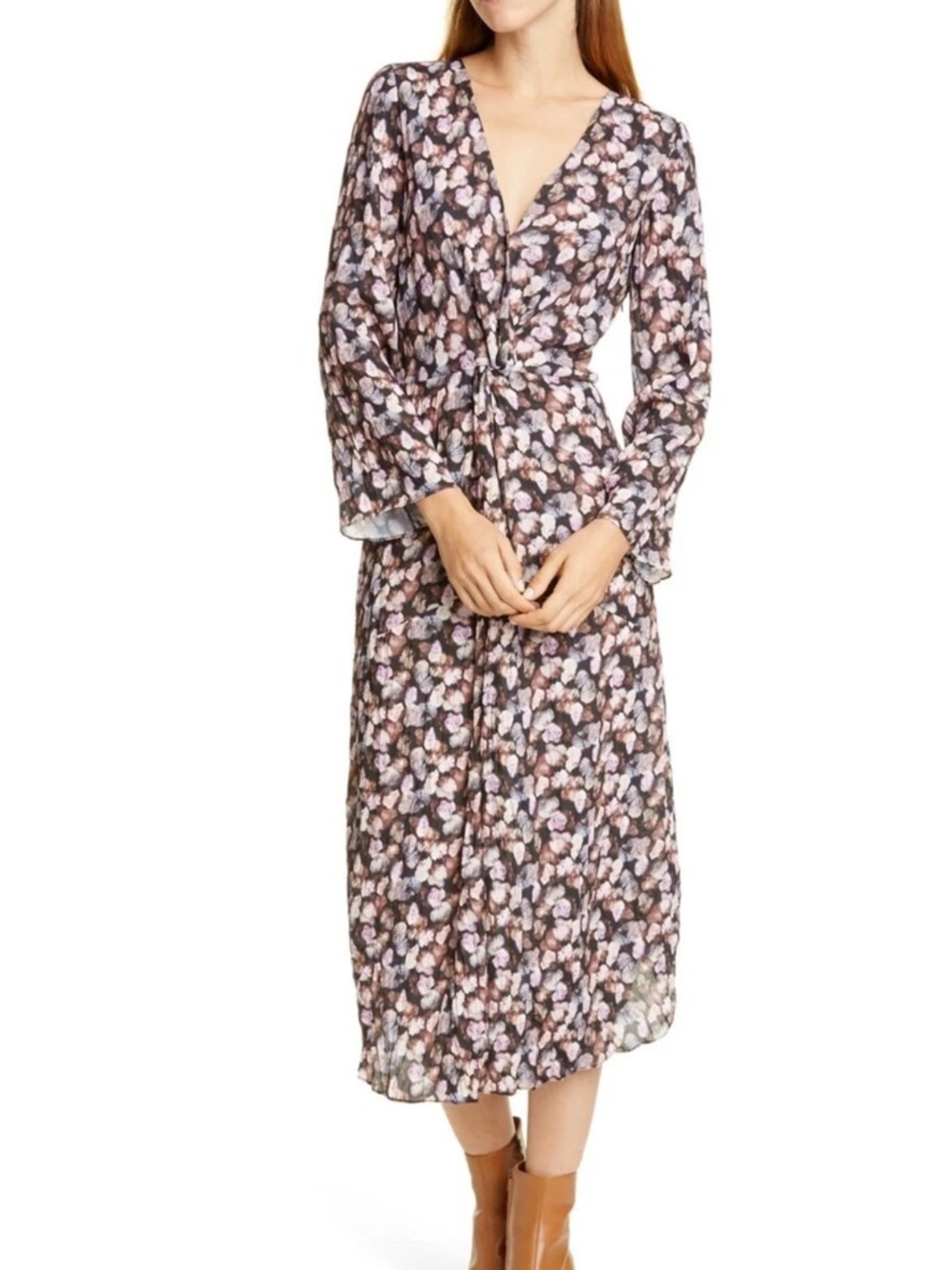 Vince Floral Print Long Sleeve Midi Esme Dress Dark Romantic Sz 4 V631351104